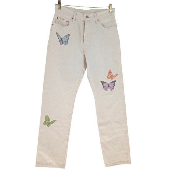 Levi's Denim - Levis 501 Original Butterfly High Rise Straight Leg Jeans Off White W27 L28